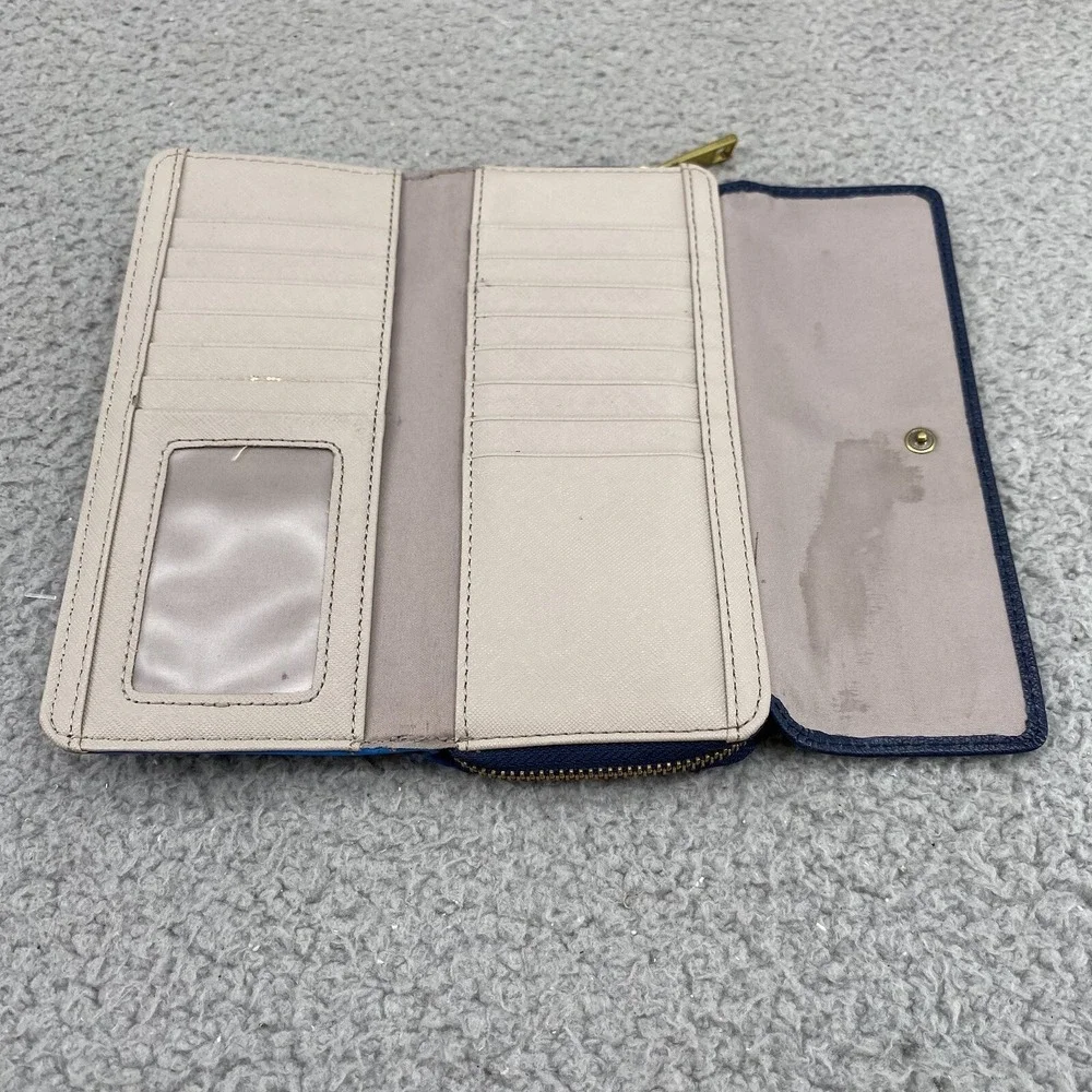 FOSSIL Leather Women Wallet Zip Around Clutch Blue Lining Cards ID Divider Boho‎